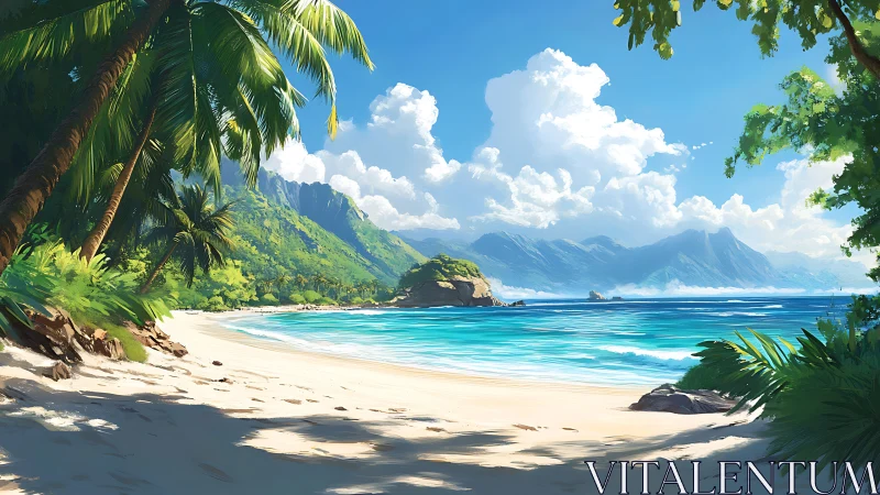 Tropical Beach Paradise with Mountain Peaks.
