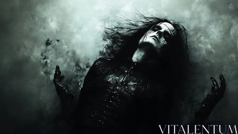 Gothic corpsepaint figure lying in shadowed mist field.