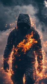 Hooded firewalker strides through stormlit embers of ruin.