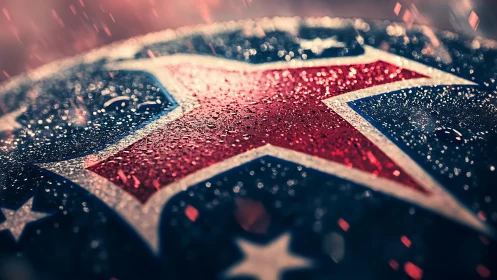 Macro close-up captures wet red star emblem in cinematic focus