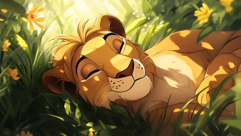 Sun-drenched lion cub dreaming in a meadow of soft light.