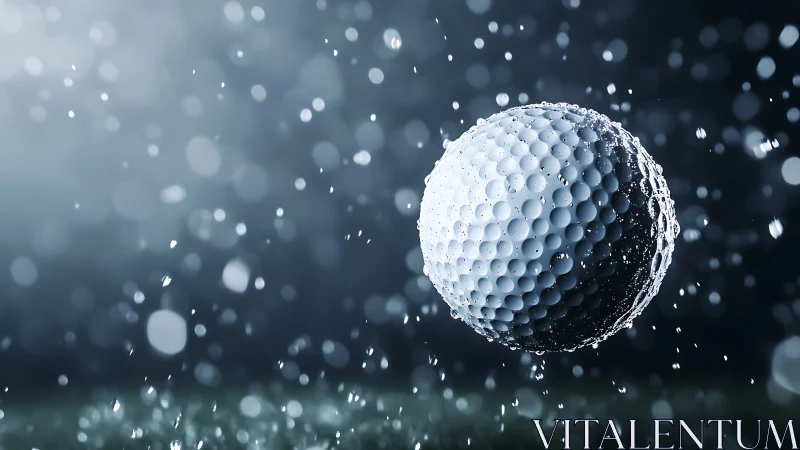 Golf ball suspended in rain with dramatic studio lighting.