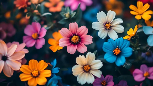 Multicolored cosmos flowers displaying varied petal arrangements and central disk formations