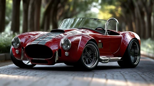 Red classic roadster parked on tree lined avenue street.