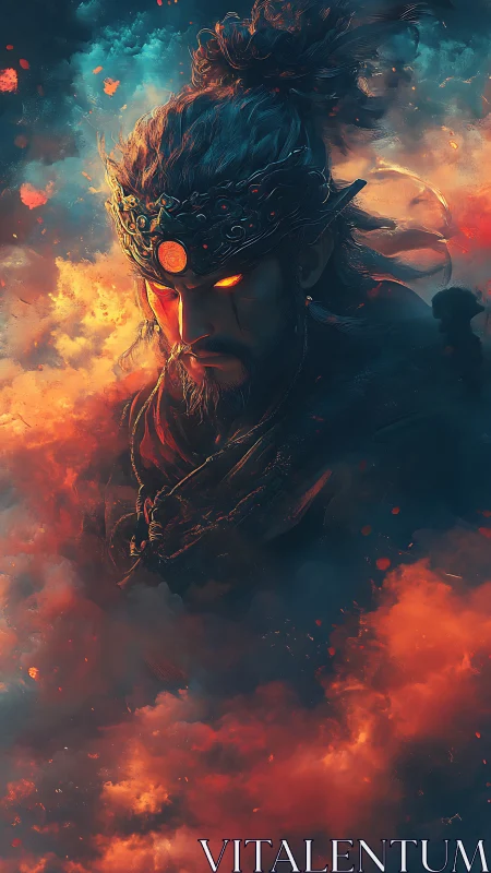 Ember-eyed warlord drifts through thunderous nebula clouds