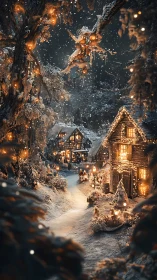 Digital painting of snowy fairy village with warm lighting paths.