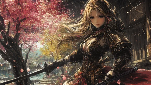 Armored swordswoman under blooming sakura trees with dynamic lighting