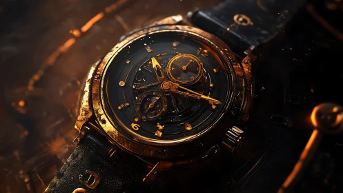 Photorealistic macro of weathered bronze mechanical wristwatch.