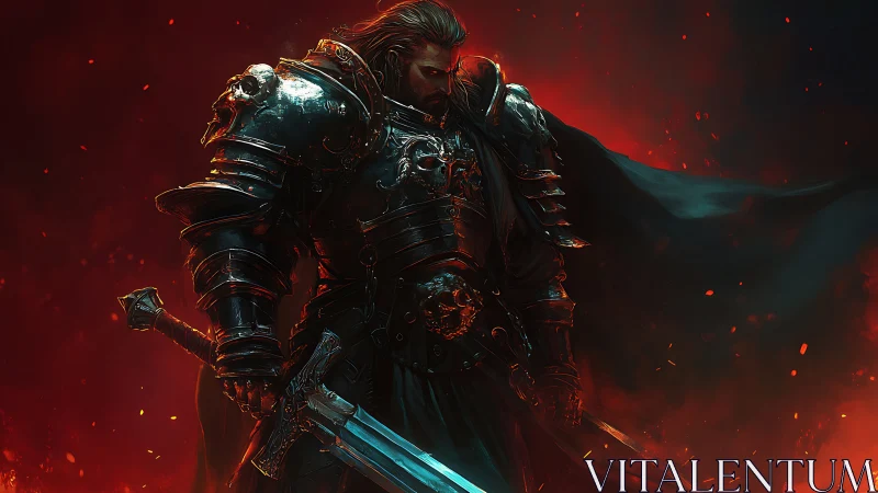 Heavily armored dark knight with longsword in fiery red embers