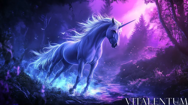 Digital unicorn figure stands in neon-lit forest clearing