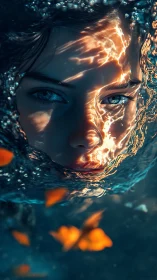 Face partially submerged in water with refracted sunlight