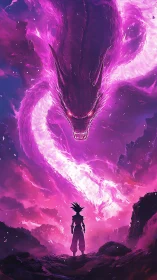 Purple dragon spirit over lone warrior in storm sky.