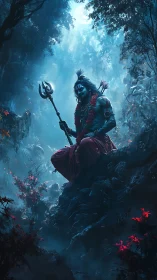 Deity figure with trident seated on rock in misty forest scene.