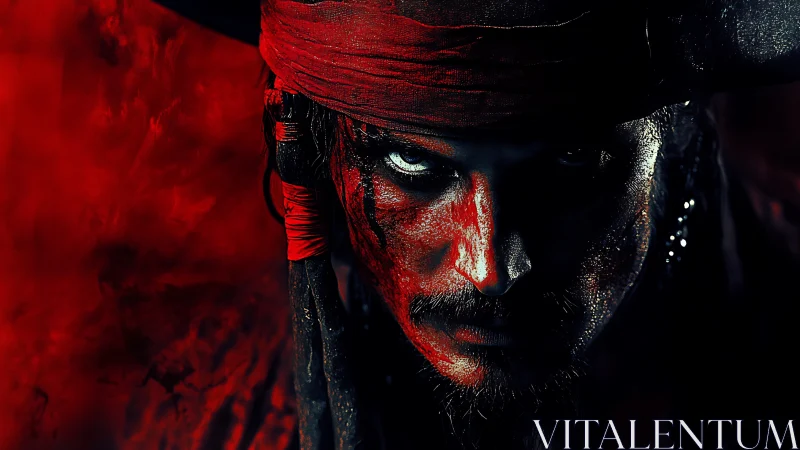Storm-eyed pirate in crimson shadowed seas of night.