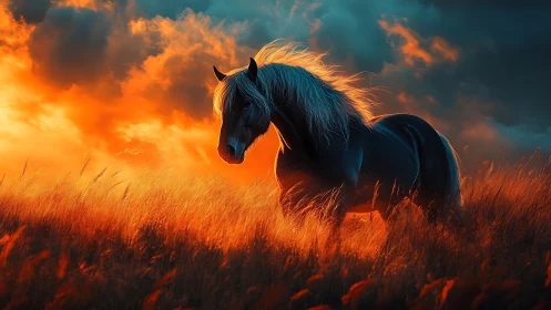 Dark horse in backlit grassland under dense clouds at dusk.