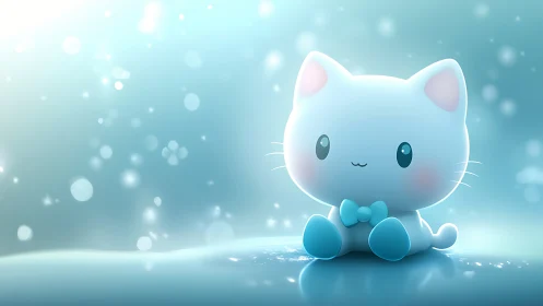 Softly lit chibi cat character in pastel blue bokeh glow