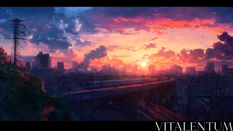 Sunset commuter train over dense urban cityscape.