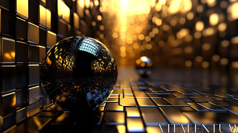 Reflective chrome sphere in glowing golden tech corridor.