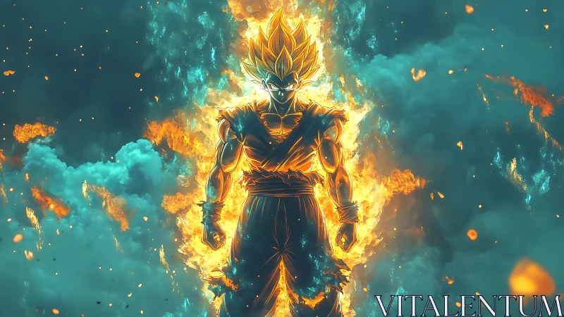 Fiery warrior silhouette radiates energy within storm clouds