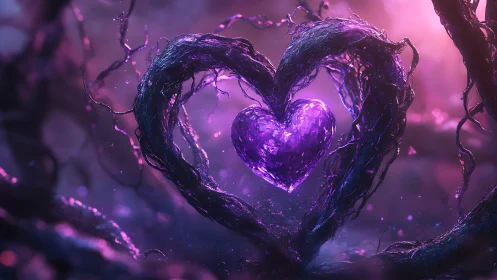 Glowing Heart Shaped Structure in Purple Forest.