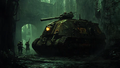 Digital painting of armored tank in dystopian urban corridor.