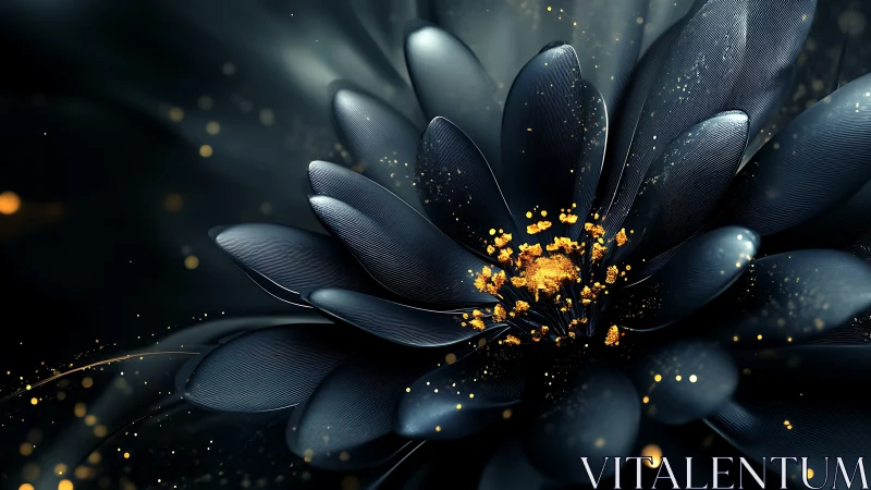 Metallic black flower glows with golden particulate core