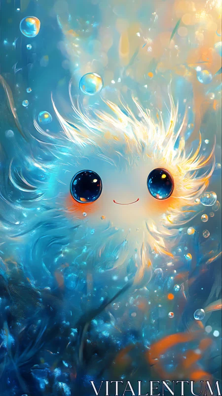Glowing aquatic creature with large eyes in bubble-filled water.