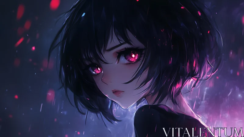 Portrait of short haired girl with glowing pink eyes at night.