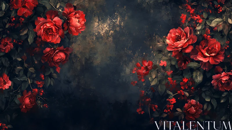 Crimson Blooms Against Moody Shadows. A Study in Romantic Contrast.