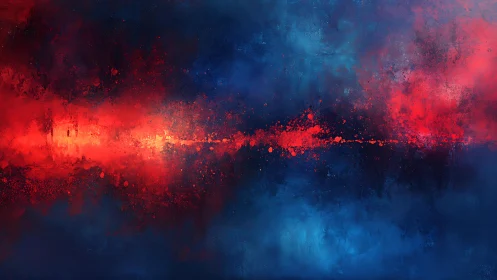 Abstract Red and Blue Energy Wave Painting with Splatter Effects.