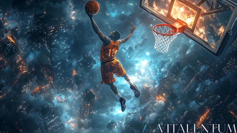 Aerial basketball dunk across ignited cyber-metropolis skyline.