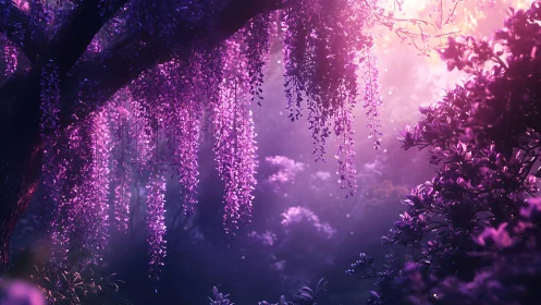 Purple wisteria tree dominates a softly lit fantasy grove