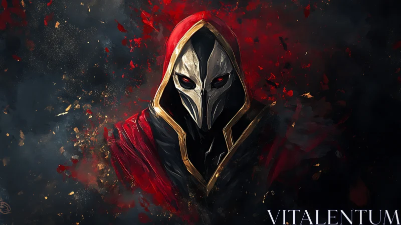 Hooded armored figure with metallic mask in red environment.