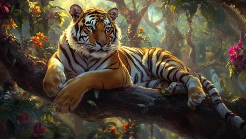 Digital painting of reclining tiger on lush jungle bough.