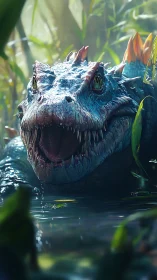 Predatory swamp reptile emerges with wet iridescent scales.