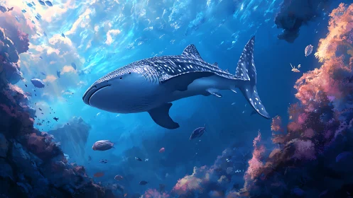 Majestic whale shark gliding through luminous coral realm.