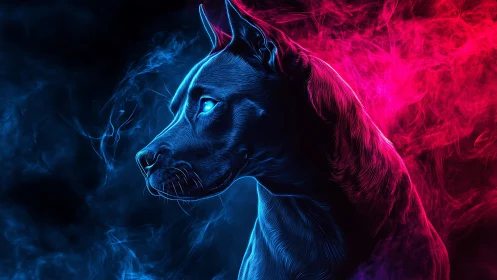 Neon cyber dog emerges from swirling blue and crimson smoke