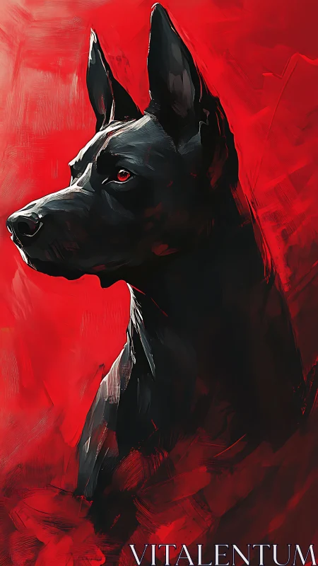 Black hound stands alert against a blazing red backdrop