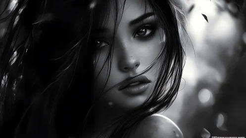 Monochrome forest muse in ethereal close-up portrait.
