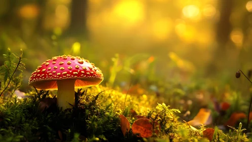 Red amanita mushroom in soft golden forest light.