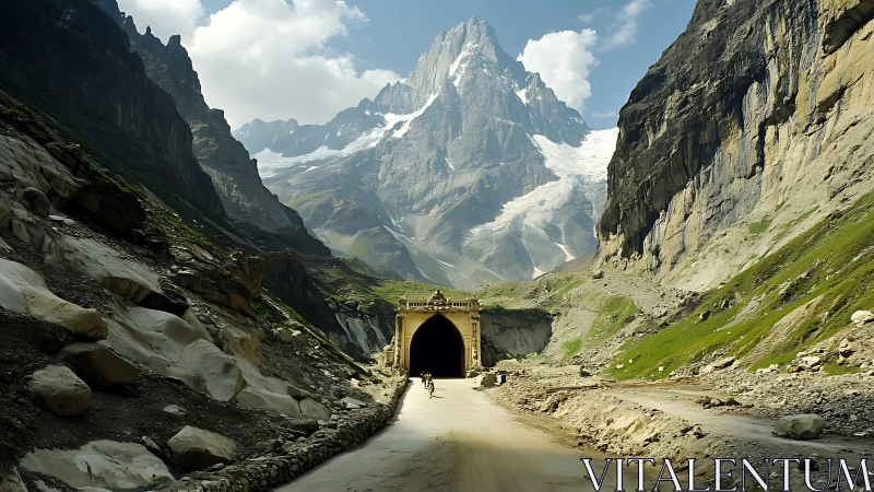 Photorealistic alpine tunnel beneath monumental glacier massif.