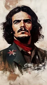 Textured digital portrait of defiant man in uniform with red scarf