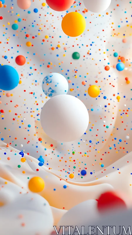 Floating multicolored spheres in abstract soft white space.