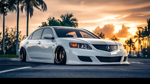 Lowered white Acura sedan at sunset in palm-lined lot.