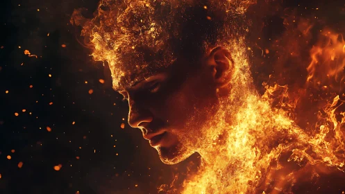 Inferno's Silhouette: Portrait Ablaze in Golden Flame.