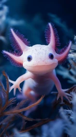Curious pink axolotl glows softly in a dreamy blue reef