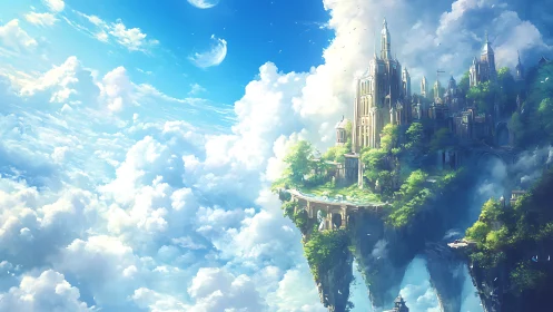 Soaring sky castle rises from drifting cloud islands