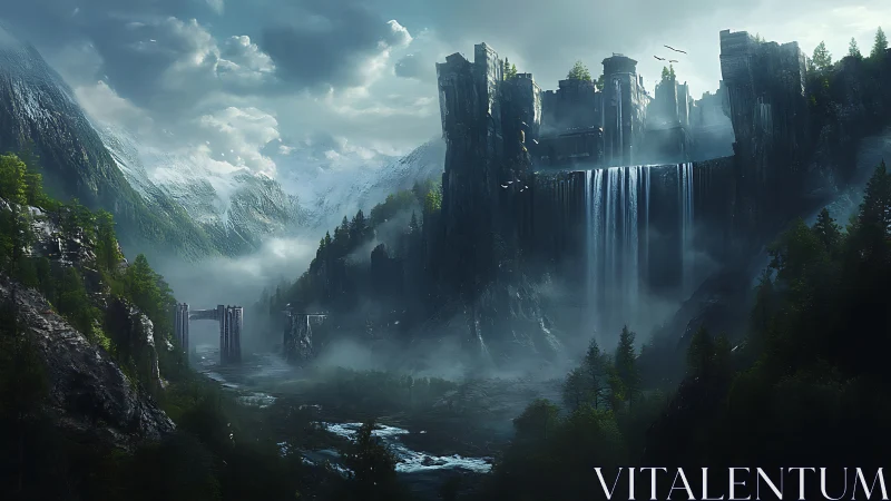 Ancient cliffside fortress rises above misty cascading falls