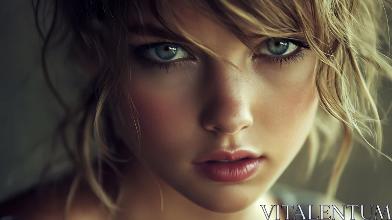 Close frontal portrait of young woman with blue eyes.