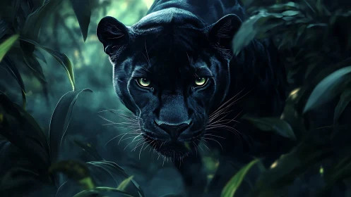 Black Panther Emerges Through Jungle Foliage